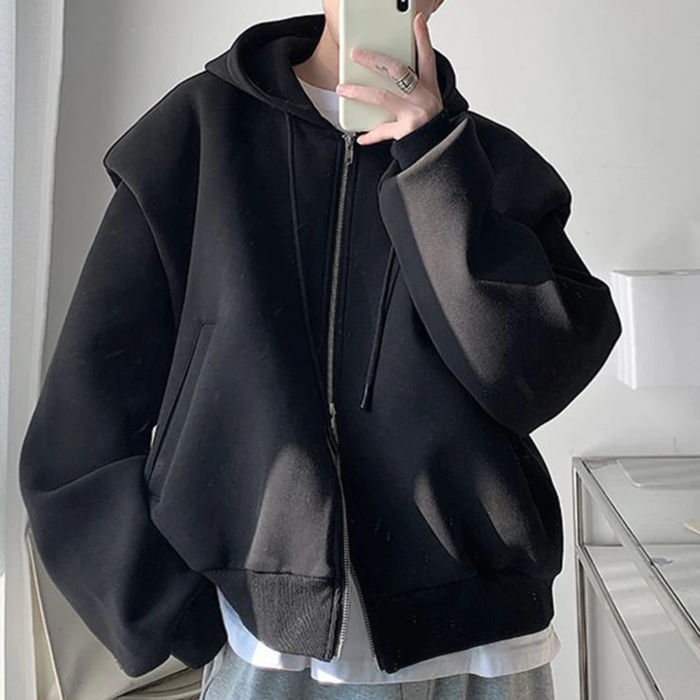 Mens Autumn Shoulder Pad Loose Long Sleeve Hooded Solid Color Lounge Sweatshirts Fashion Thermal Cardigans Solid Men's Jackets