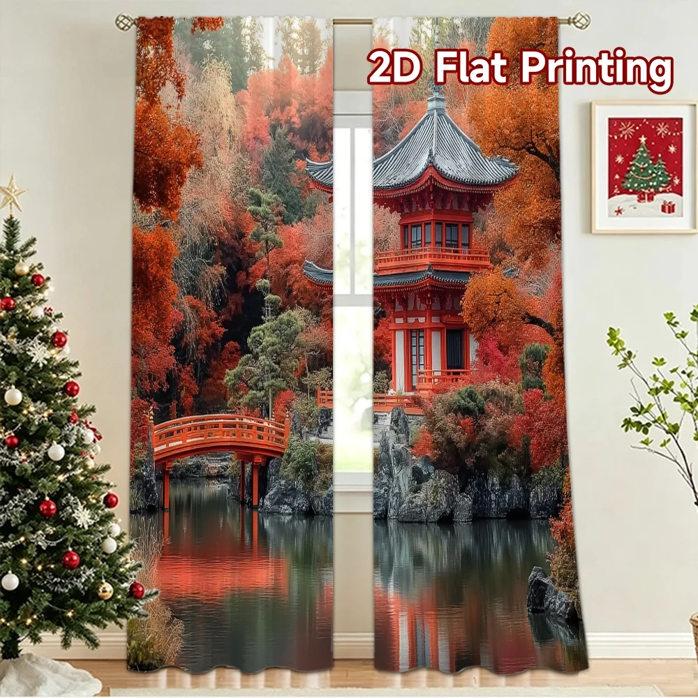2D flat 2pcs Curtain Home Short Curtains Autumn Temple by Lake Durable polyester fiber Birthday Party for Booths Studio