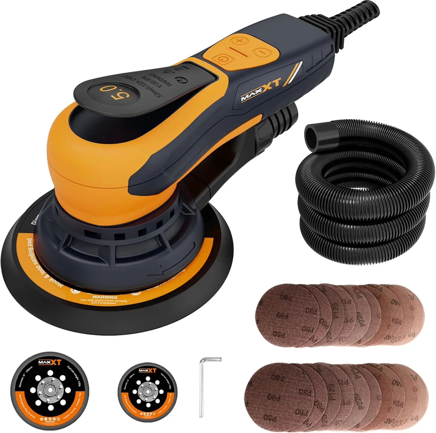 Electric 5mm Random Orbital Sander, Palm Sander with Brushless Motor, 5&6Inch Sanding Pads, Central Vacuum, Sanders for Wo