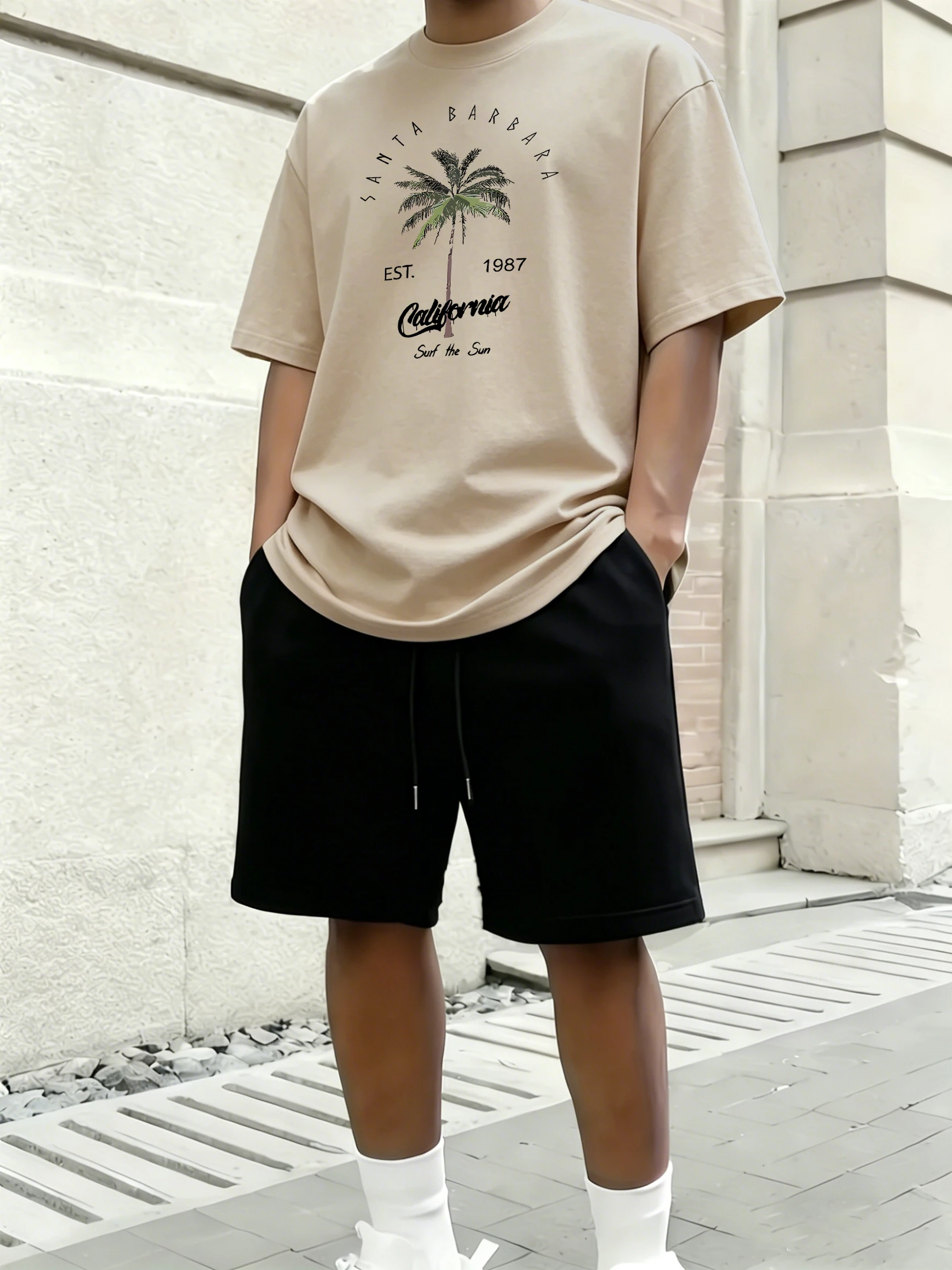 Galafonia Coconut Palm Santa Barbara - Conjuntos de camiseta de algodón con estampado de verano para hombre, camisetas cómodas y transpirables, pantalones deportivos básicos para correr
