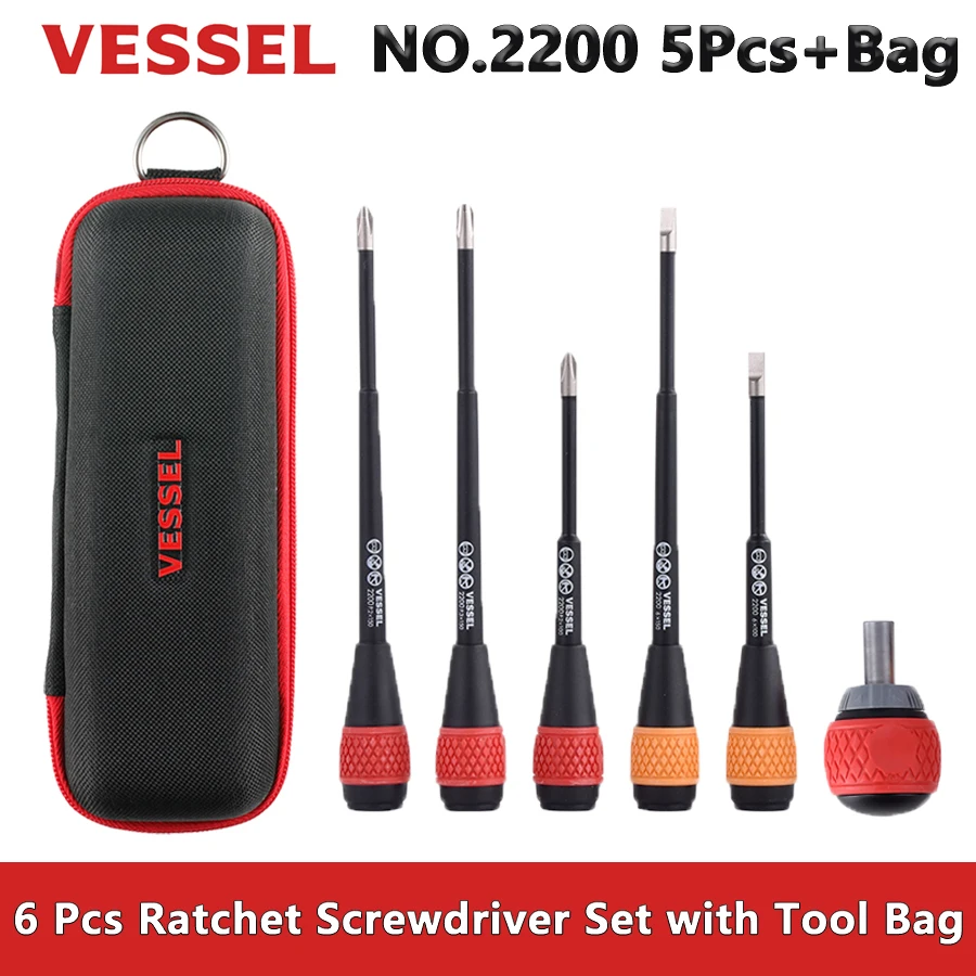 VESSEL 6 Pcs Ball Grip Ratchet Screwdriver Set with Tool Bag for Phillips and Slotted Screws Hand Tools NO.2200 5Pcs+Bag