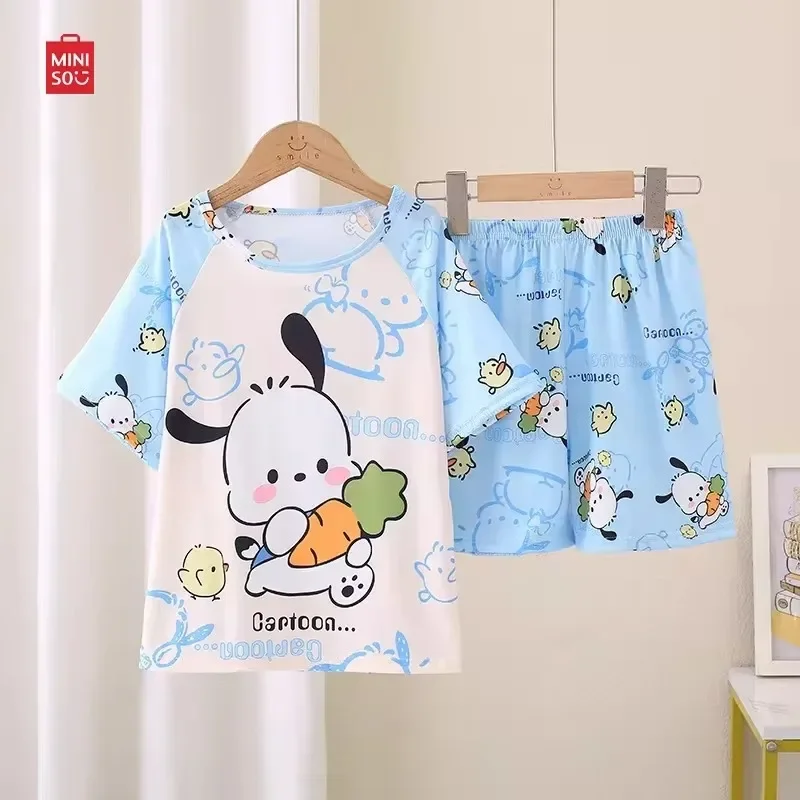 

Miniso Sanrio Pochacco Cinnamoroll Kuromi Children's Set Anime My Melody Children's Girl Cartoon Thin Short Sleeved Home Wear