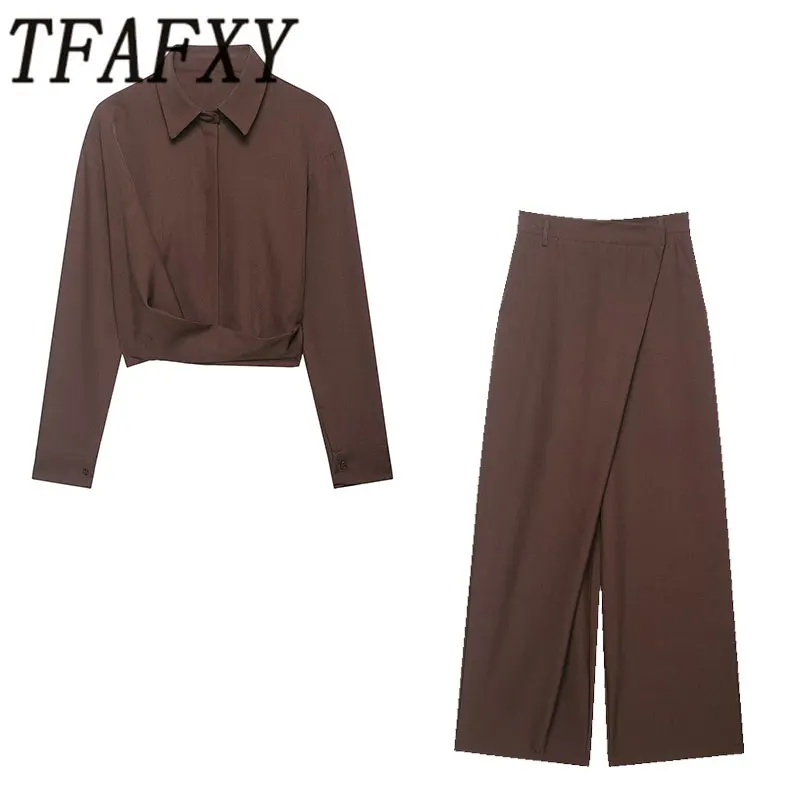 

TFAFXY 2026 Spring Women Sets Pleated Shirt Long Sleeve Blouse Asymmetry Wide Leg Pants Female Casual Suits Outfits Y2K