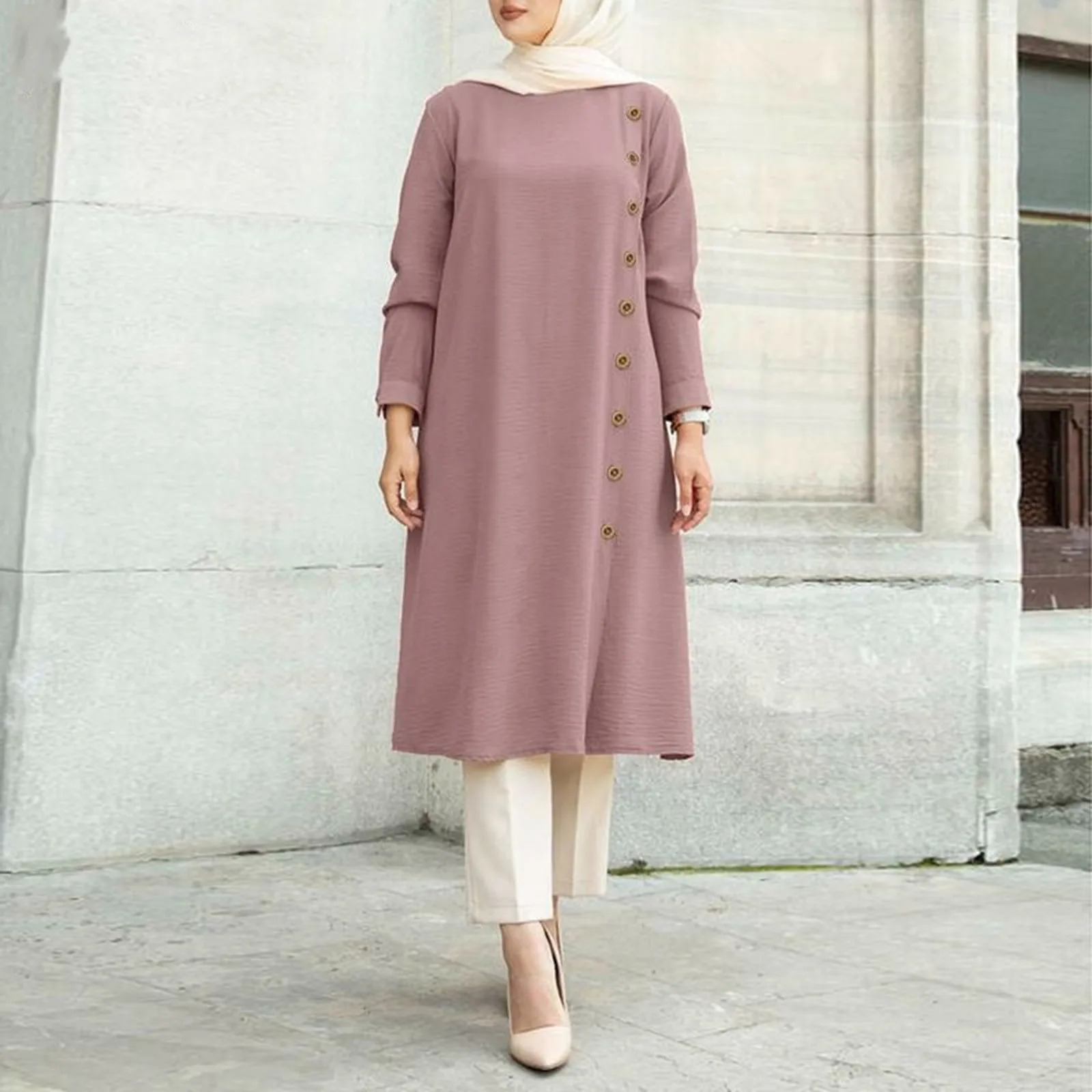Abaya musulmana de manga larga para mujer, vestido informal, trajes de Dubái, hasta la rodilla, con botón, sólido, elegante