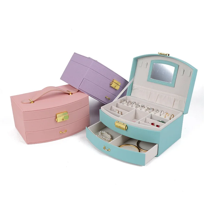 Curved Double Layer Lockable Jewelry Box PU Leather Rings Necklace Bracelet Storage Case Portable Makeup Organizer-Parties Gift