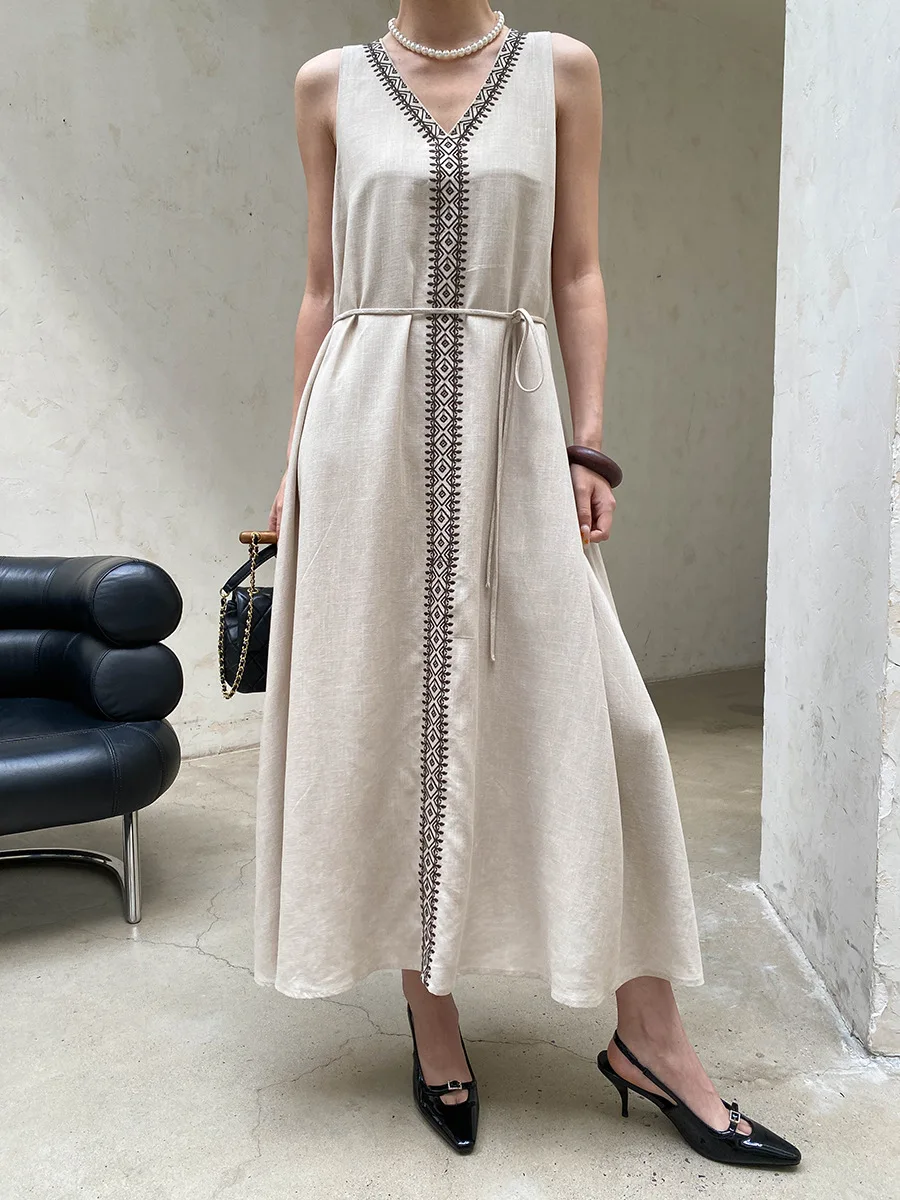 Frühlings- und Sommerkleid für Damen, lässig, einfarbig, V-Ausschnitt, Bohemian-Stil, bestickter Bund, ärmellos – Detail 18