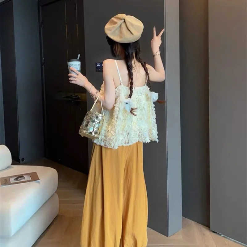 Women French 3D Floral Cami Top Heavy Craft Sleeveless Spaghetti Strap Cute Short Summer Blouse