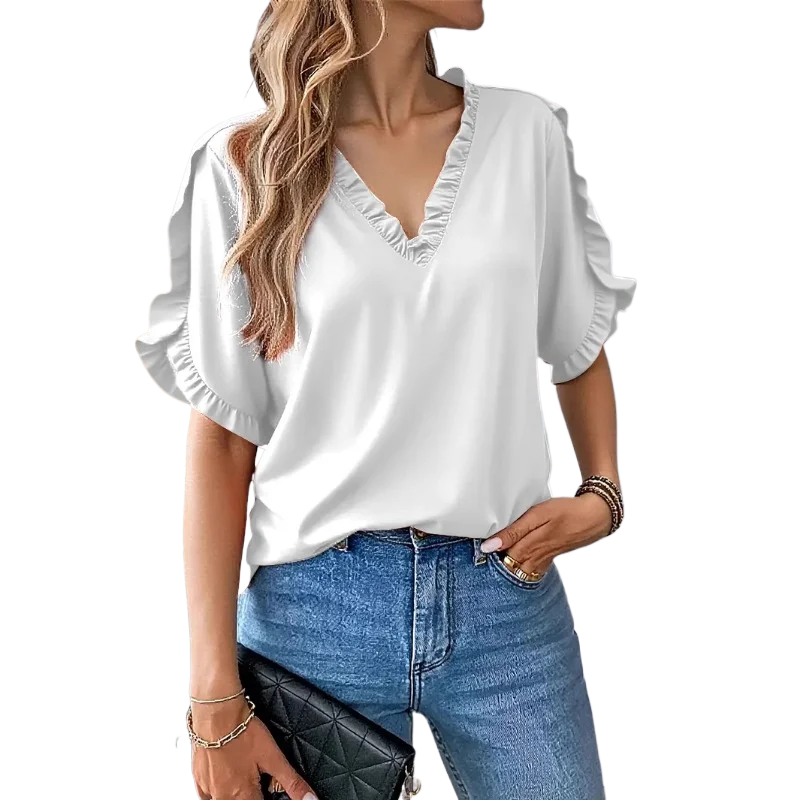 

2025 Summer Women's Fashion Simple Ruffled Short-sleeved V-neck Blouse Top Streetwear Female Clothing Casual Solid Blouses Shirt