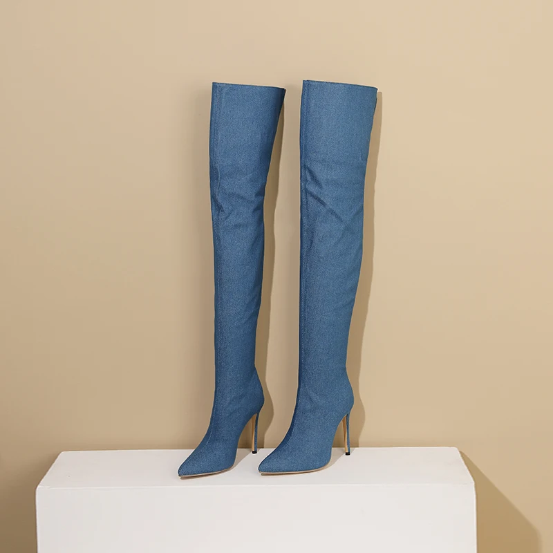 Plus Size Denim Material Back Zipper Women's Over Knee Boots Pointed Super High Heel PU Lining Sexy Fashion Long Boots