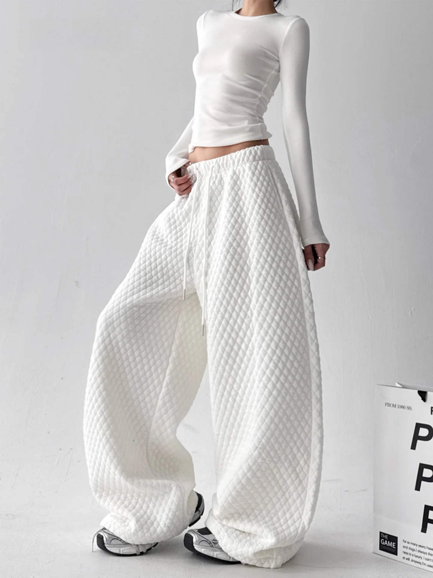 Thiened Fce Wide Leg Pants Women's Winter Casual Straight Long Pants Diamond Pattern Cotton l Waist Lantern Pants
