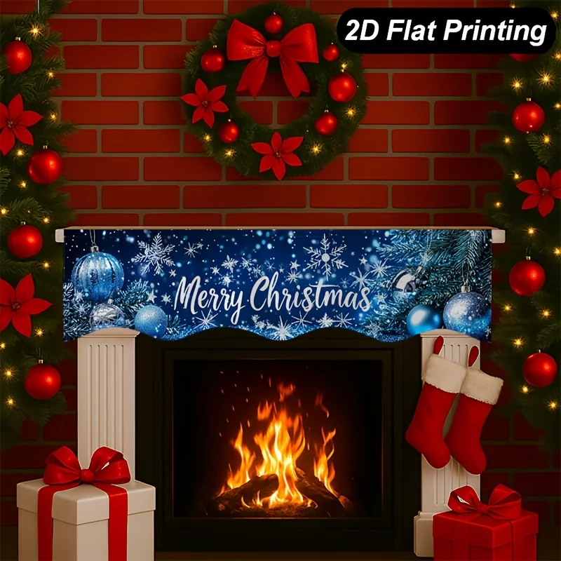 VIKAMA Christmas Fireplace Mantel Scarf Blue Snowflake Bauble Mantel Topper Xmas Fireplace Shelf Cover Winter Home Decor