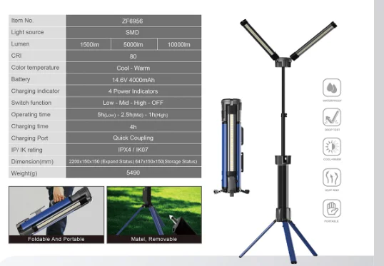 Imagem -03 - Tobys-tripé 2-leaf Led Recarregável Portátil Personalizado Alto Brilho 10000 Lumens Stand Worklight Mais Recente Venda Quente 2024