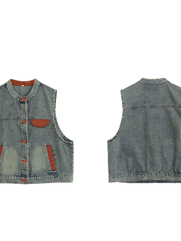 

Women's Denim Vest Loose Casual Retro Patchwork Slimming Summer Autumn Faion round Ne Single Button Closure Top
