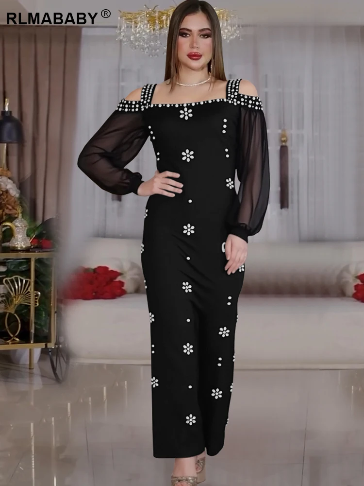 RLMABABY elegante diamante cuello cuadrado hombro recortado mujeres fiesta vestido largo ajustado Sexy Club negro vaina Maxi vestido