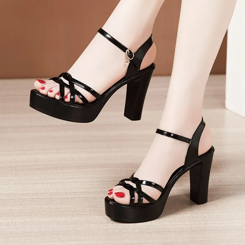 

Plus Size 32-43 Block Heel Platform Shoes Leather 2024 Summer High Heels Sandals Ladies Elegant Silver Red White Wedding Shoes