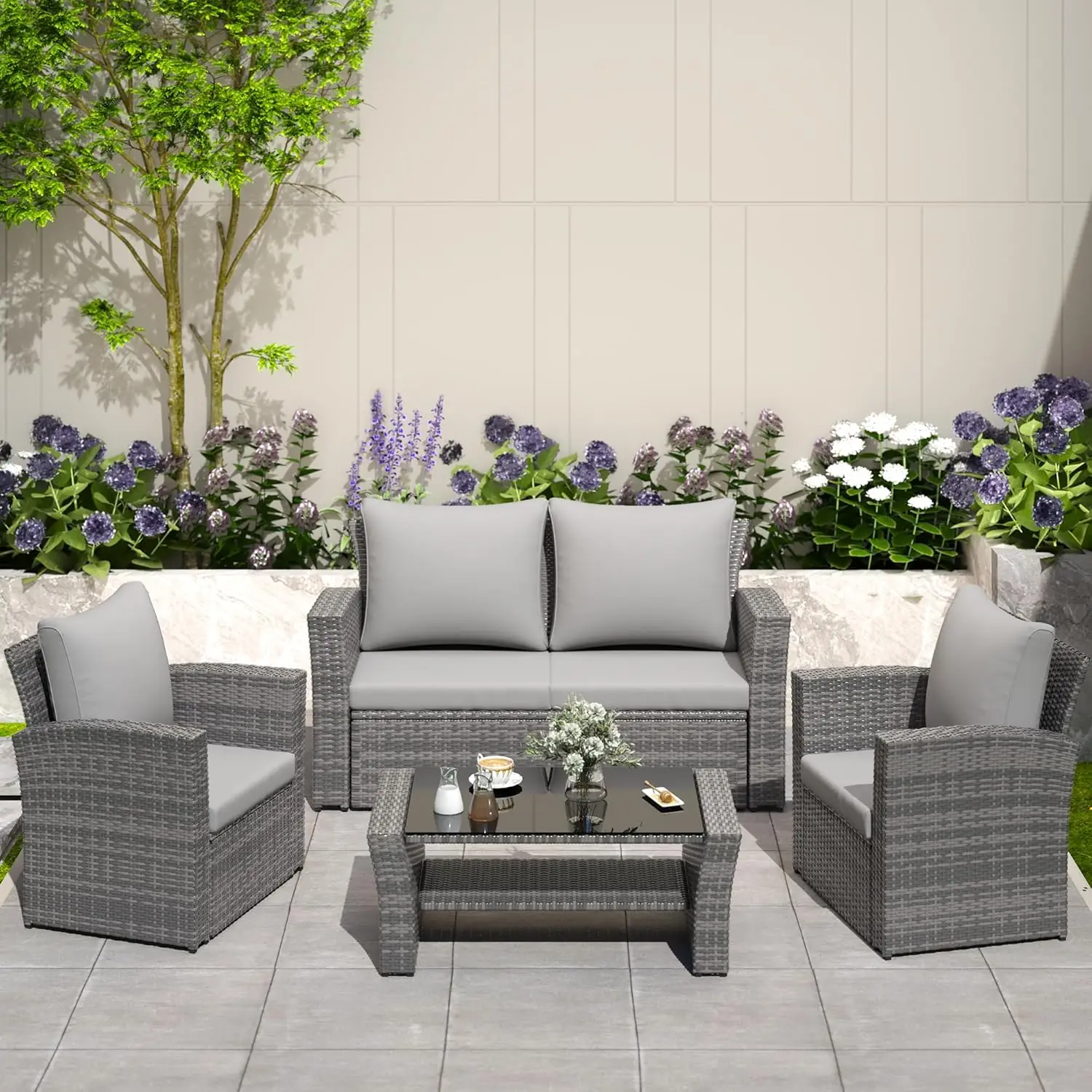 

4 Piece Outdoor Patio Furniture Set, Outdoor Sectional Sofa with Tempered Glass Coffee Table and Cushions, Wicker, Customized