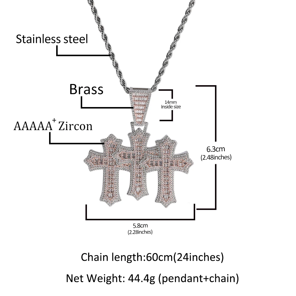 THE BLING KING Iced Out Triple Cross Pendant Necklace For Women Micro Paved Baguette Cut Cubic Zirconia Two-tone Color Jewelry