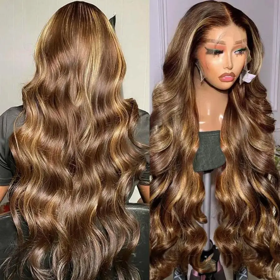 

40 30 Inch Body Wave Honey Blonde 13x6 Lace Frontal Wig Human Hair Highlight Ombre Brown Colored Wig Brazilian Hair Wigs P4/27
