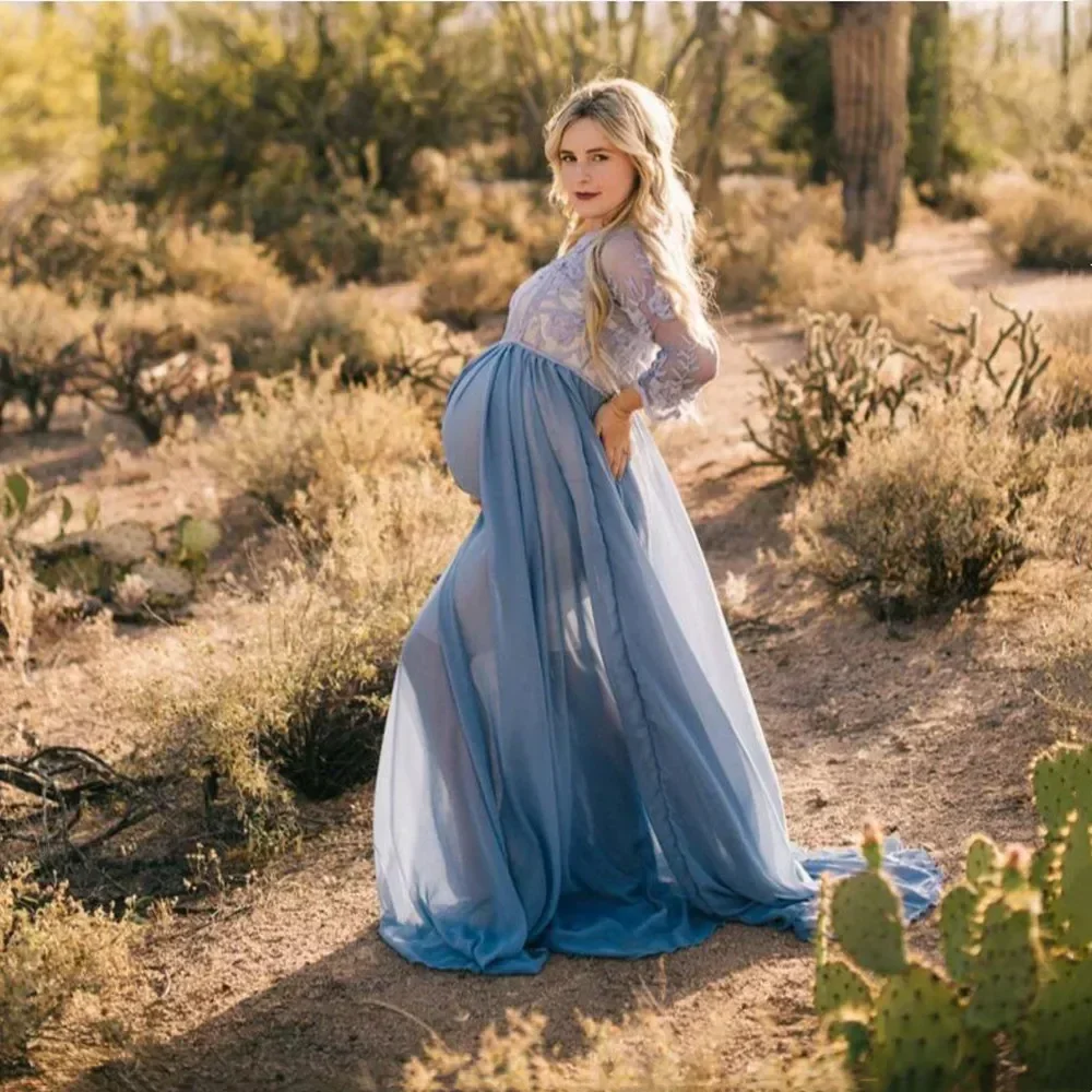 Nuovo vestito da trascinamento in Chiffon di pizzo di maternità donne incinte gravidanza primavera autunno Maxi abito fotografia Prop vedere attraverso l'abbigliamento