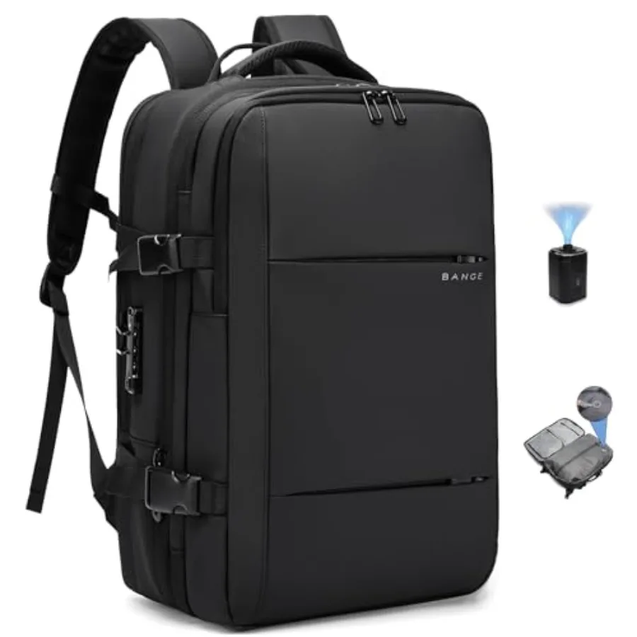 

Travel backpack with vacuum pump system, nylon material, black color, expandable capacity and anti-theft lock