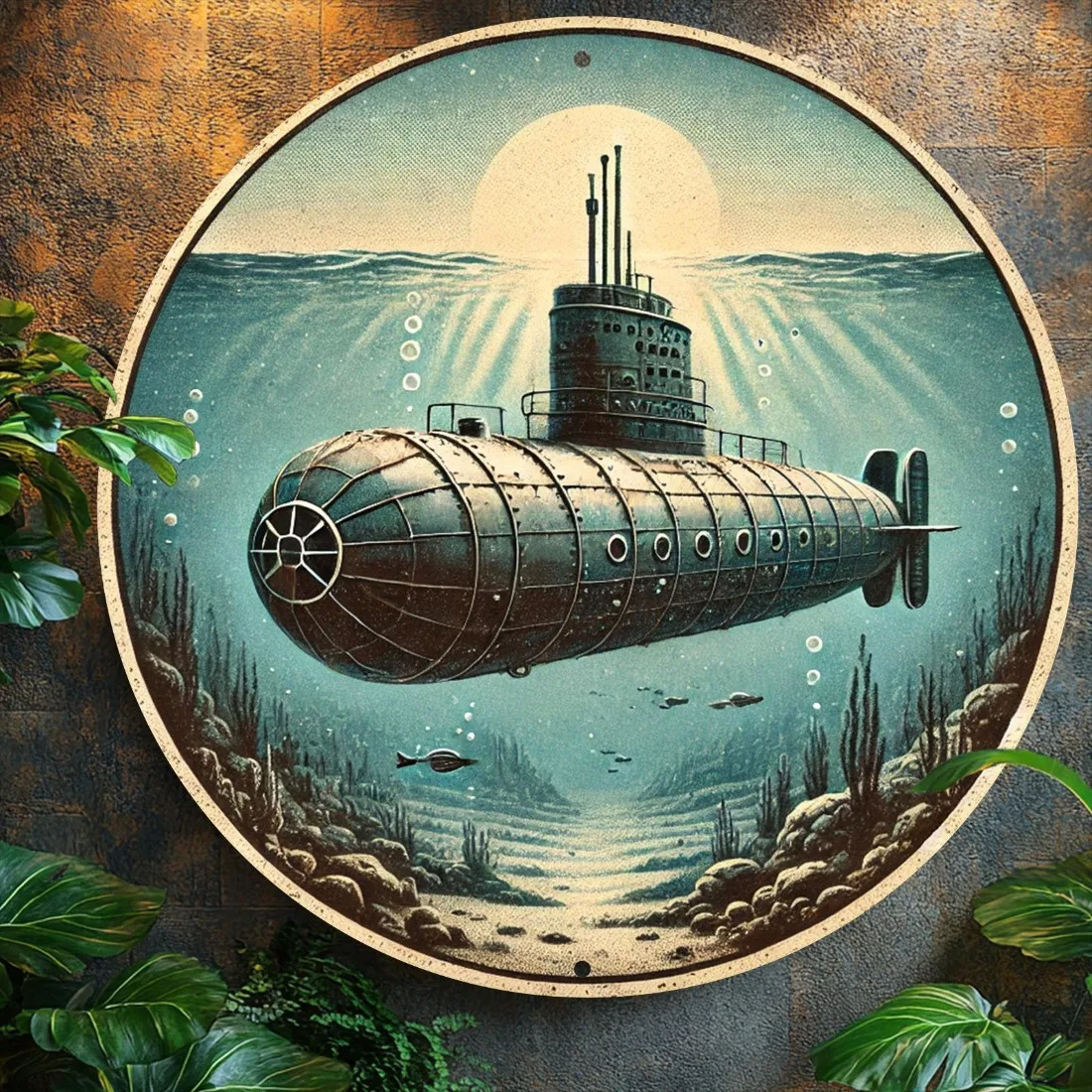 Vintage Submarine Wall Art 8 Inch Aluminum Round Sign, Detailed Marine Life Design for Home Office Cafe Decor