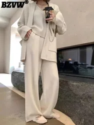 BZVW Fashion Knited Three Piece Set Women's Sweater Coat Short Sleeved Casual High Waisted Wide Leg Pant 2024 Autumn New 25A8730