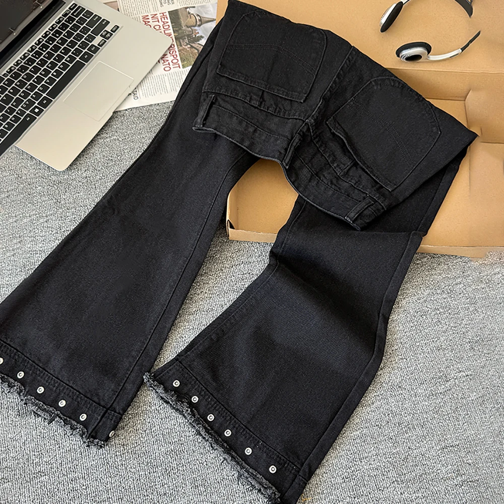 Women's Black Flared Jeans Streetwear Rivet Frayed Hem Tassels High-Waist Denim Pants Lady Fashion Slim Full Trousers