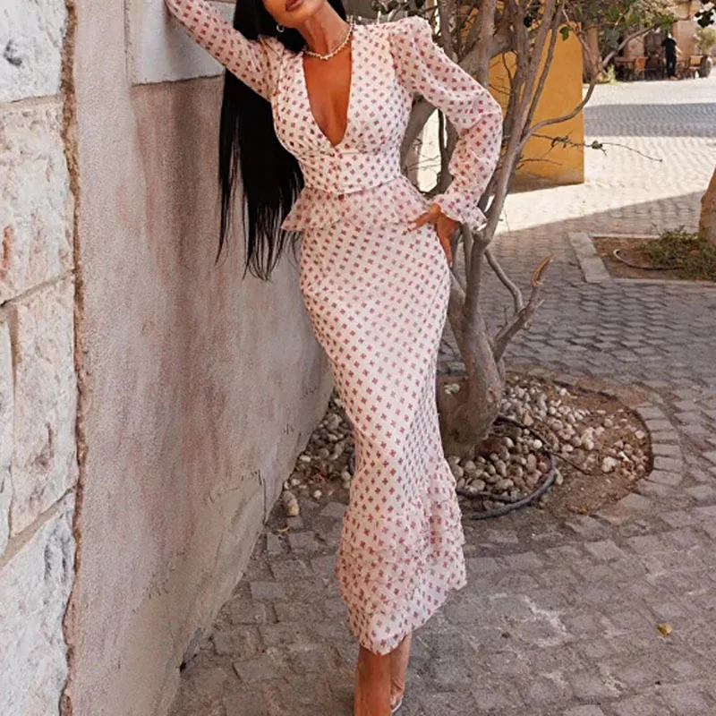 

Casual V-neck Long Sleeve Top and Skirt Women Suit Daily Sweet Elegant Printed Two Piece Set Spring Summer Ruffle Holiday Outfit