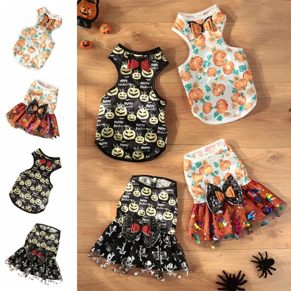 Ghost Creative Halloween Dog Dress Pumpkin Pattern Polyester Dog Pumpkin Lace Dress Cute Portable Pet Lace Skirt Cosplay Party