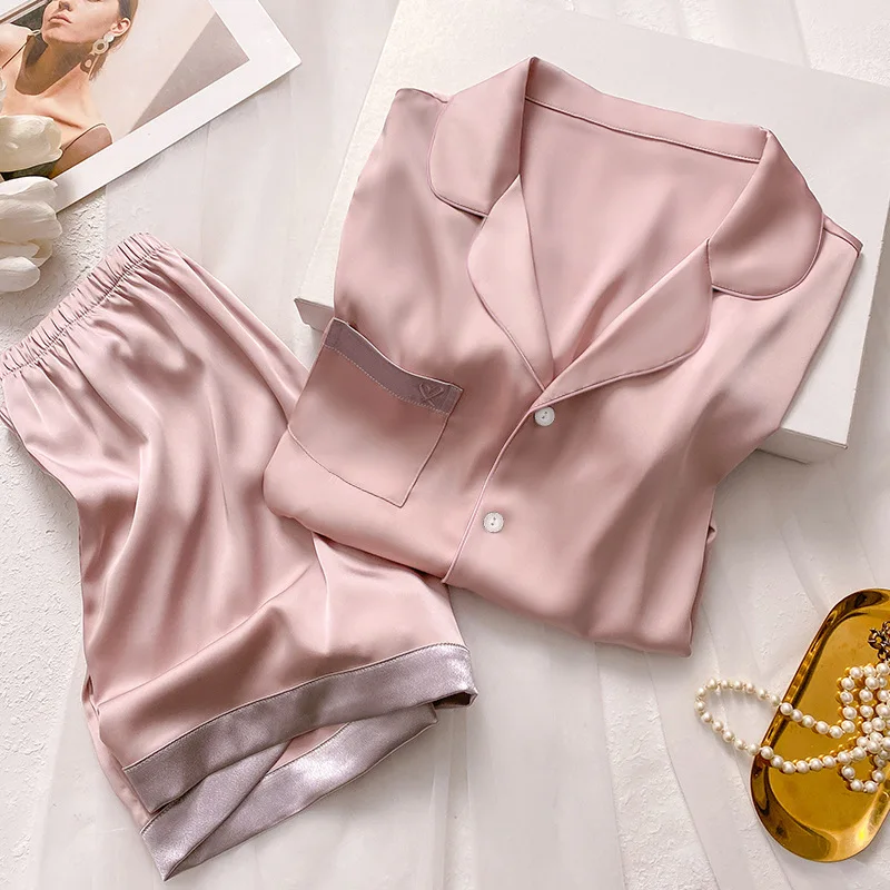 Fashion Summer Ice Silk Pajamas Women\'s Sweet Wind New High-value Cool Short-sleeved Loungewear Set Pink Solid Cool Summer Pjs