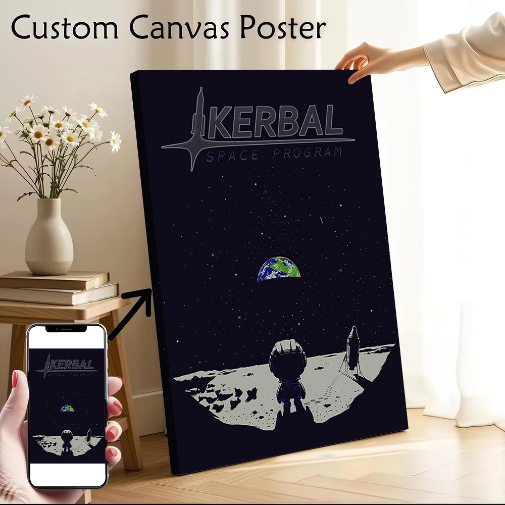 Póster impreso en lienzo del programa espacial Kerbal, astronauta en la luna, imágenes personalizadas, arte de pared, pintura en lienzo para decoración del hogar, accesorios
