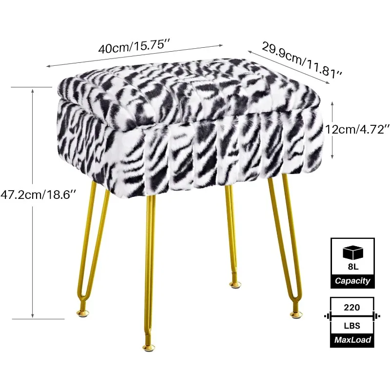 Vanity Stool with Storage,Footrest Footstool Ottoman, Multifunctional Makeup Vanity Chair for Vanity Makeup Room Bedroom(Zebra)