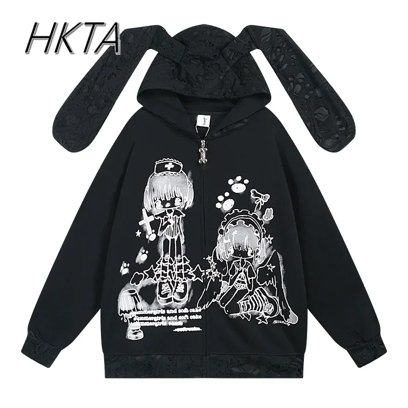 Japanese Two-dimensional Cartoon Rabbit Ears Niche Ripped Hooded Sweatshirt Jacket Women Autumn Harajuku Black Hoodies Coat Y2k