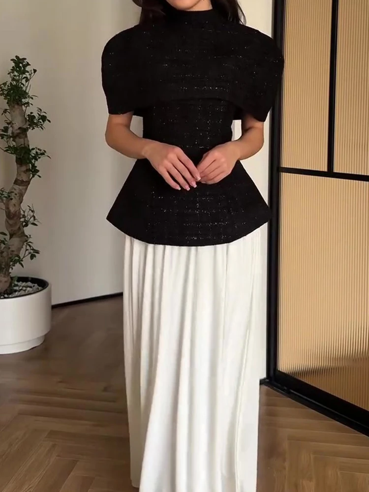 

Элегантные плиссированные комплекты из трех предметов с цветными блоками, женские длинные юбки с высокой талией, темпераментные топы-трубы, жилет и полуюбки, комплекты