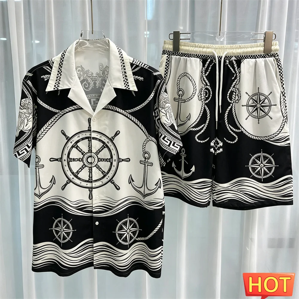 Men's Summer Shirts Sets Fashion Marine Ship Anchor 3D Print Short Sleeve Top +Shorts 2 Piece Hawaiian Beach Vacation Shirt Suit