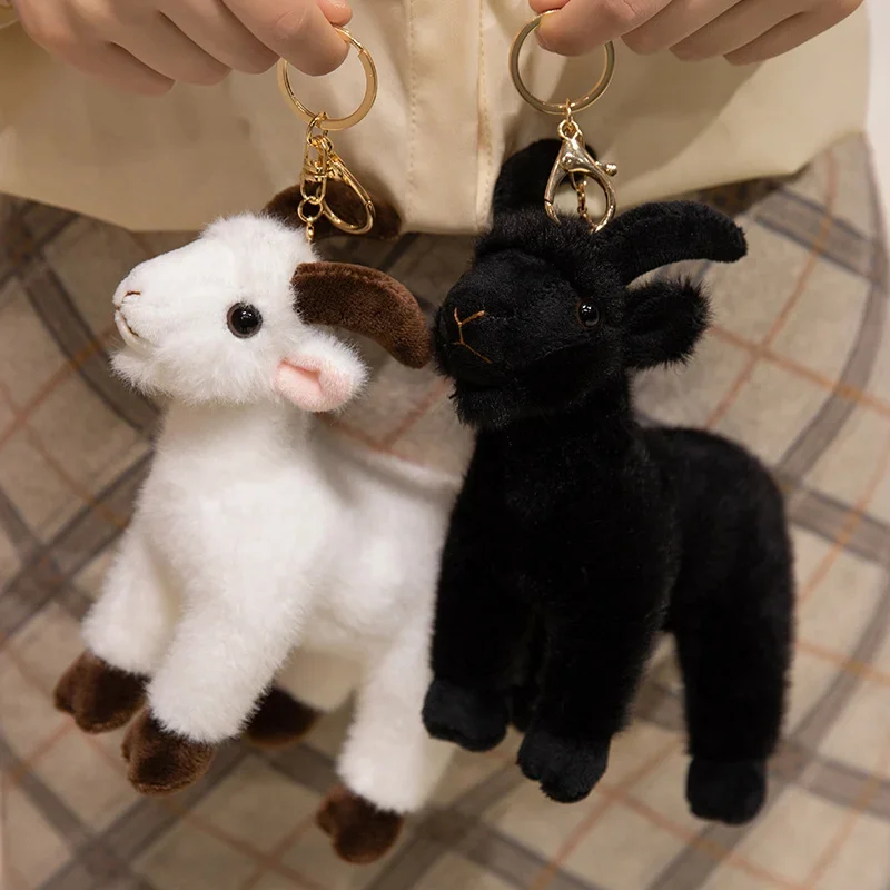 Porte-clés en peluche mouton blanc et noir, 16cm, mignon, réaliste, chèvre, pendentif, décor de sac à dos, compagnon de voyage, poupée d'anniversaire pour enfant ﻿ Cadeau