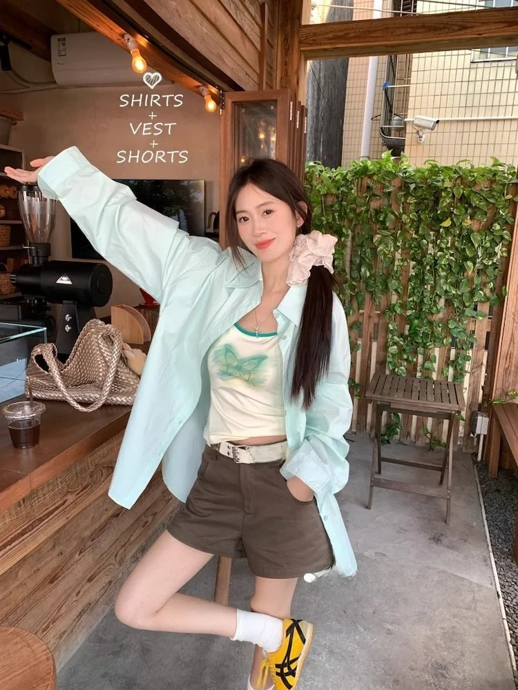 

Mint Green Long Sleeve Women's Sun Protection Shirt Casual Loose Style Spring Summer Fashion Lazy Outfit Pure Color Top Trendy