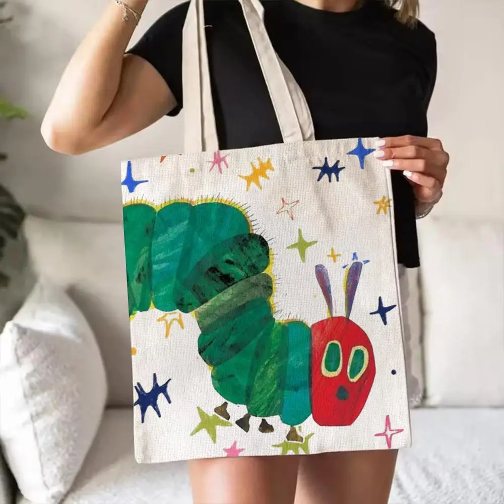 The Very Hungry Caterpillar Storage Bags Canvas Double-Sided Print Tote Bag Large Capacity Shoulder Fashion Shopping Handbag