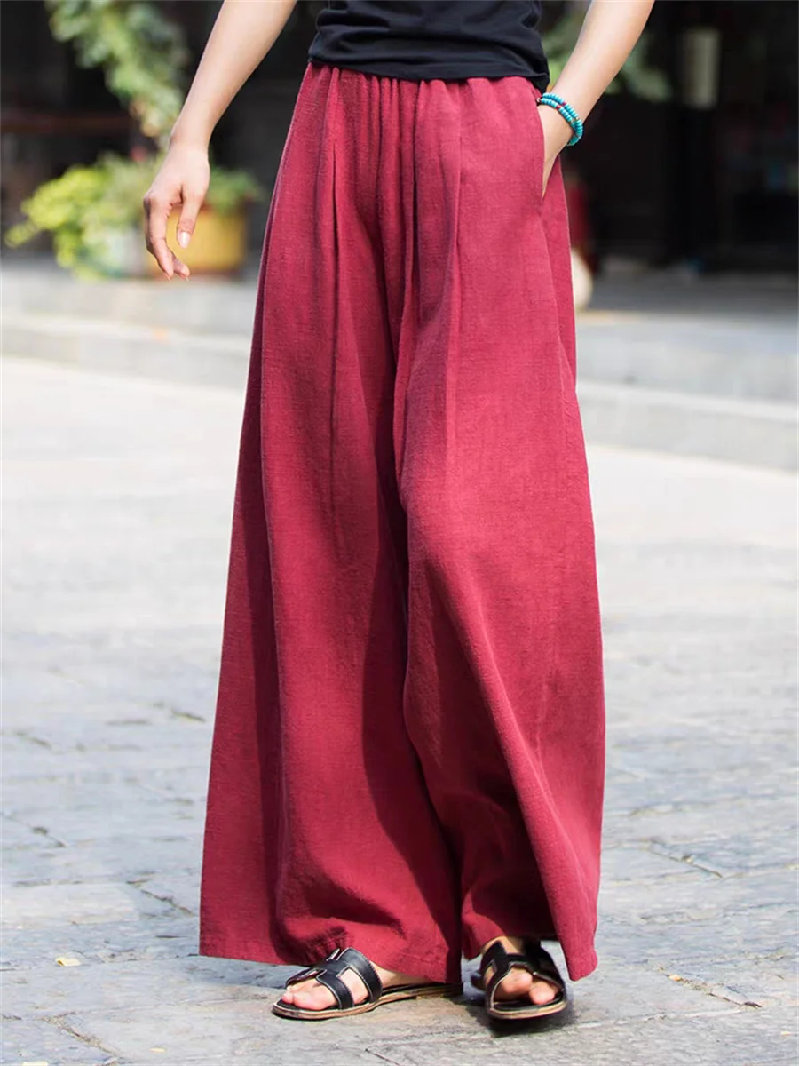 Spring/Summer Cotton Linen High Waist Pants Wide Leg Women's Pants Streetwear Elegant Loose Formal Pants Elastic Waist Pants