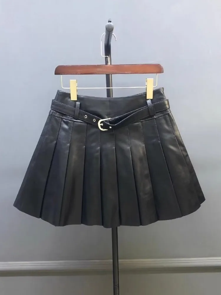 Autumn Women Sweet Sheepskin Genuine Leather Pleated Skirt High Waist Belt Fashion Casual Party Solid Color A Line Short Skirts