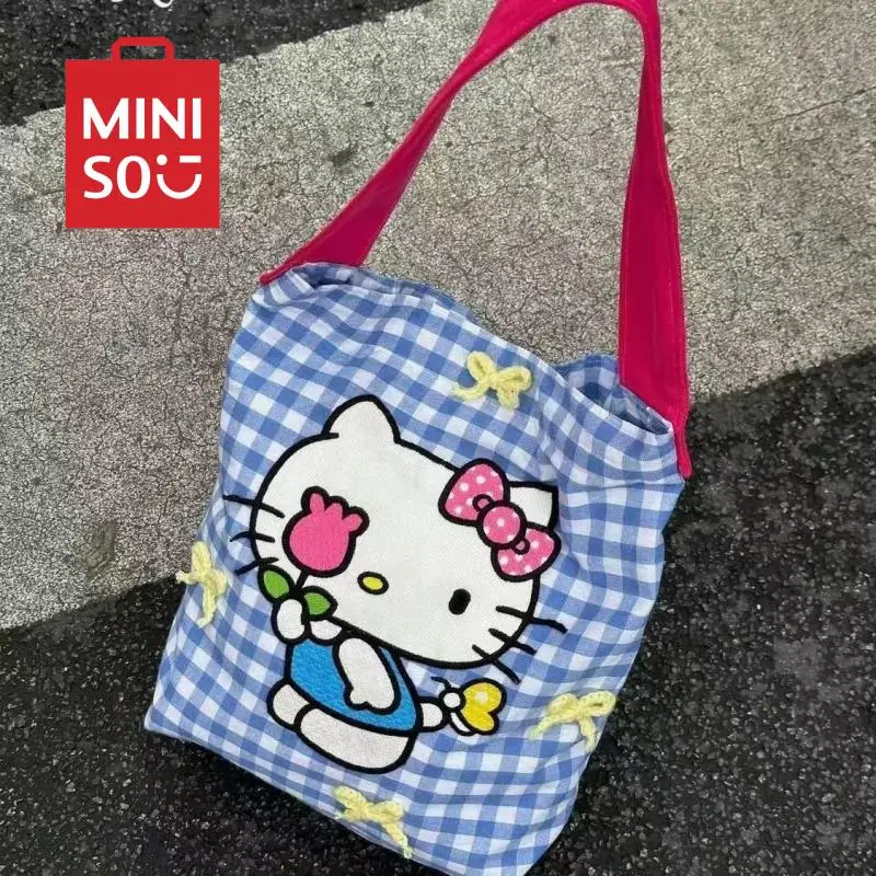 2024 Sanrio Hello Kitty Spring Pink Plaid Bag Cute Cartoon Large Capacity Plaid Handbag Underarm Bag Ins Anime Gifts for Girls