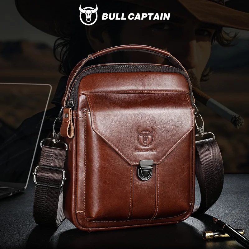 BULLCAPTAIN Mens Leather Messenger Bag Retro Shoulder Bags Small Crossbody Bags Purses Casual Sling Pack for Travel Handbag