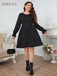 KEBY ZJ Plus Size Women Clothing Elegant Lace Puff Long Sleeve Party Dresses Black Chiffon Polyester Short Big Size Female Dress