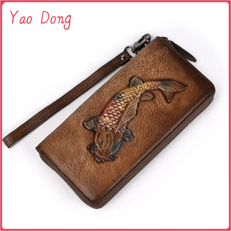 Yao Dong Women's Wallet Retro Genuine Leather Wallet For Female New Wristband Zipper Cell Phone Bag Golden Fish Engraved Clutche