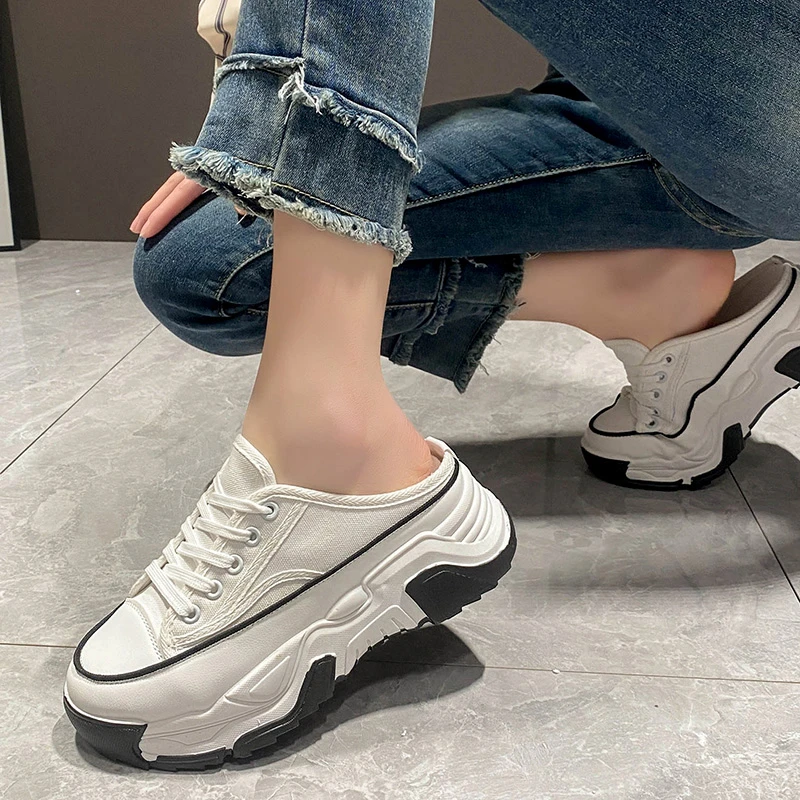 Ladies Slippers 2024 Summer Baotou Half Slippers Woman\'s Versatile Casual Lace Up Canvas Sports Slippers Platform Shoes Outside