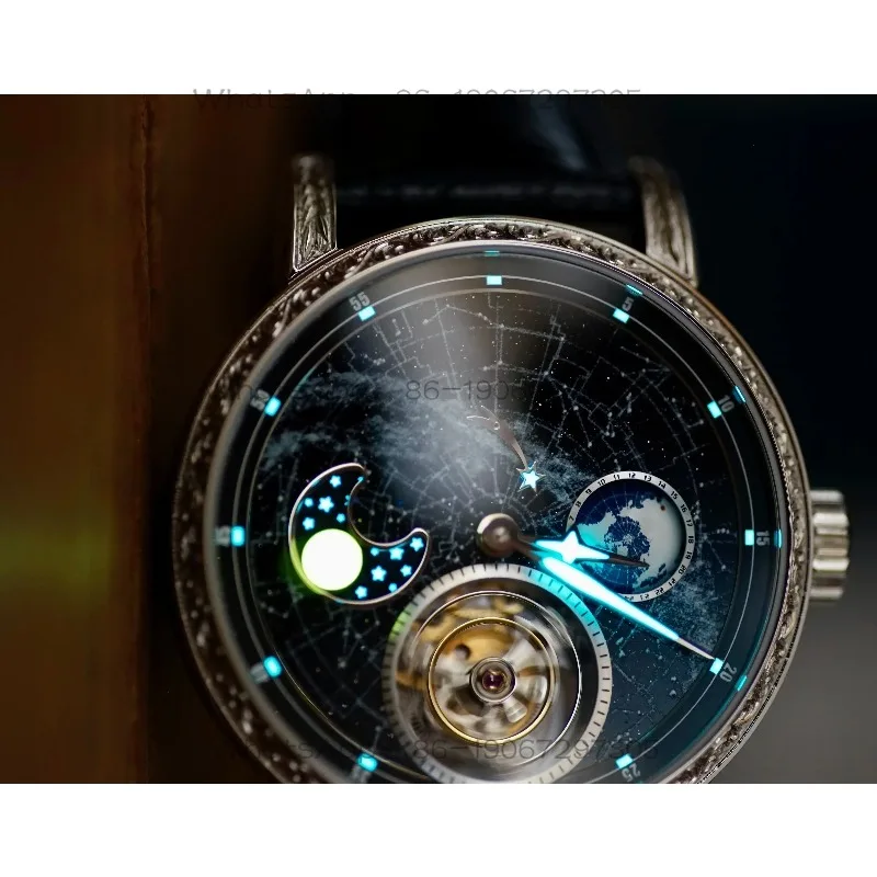 Starry sky tourbillon moon phase dynamic luminous automatic movement polishing engraved mechanical watch