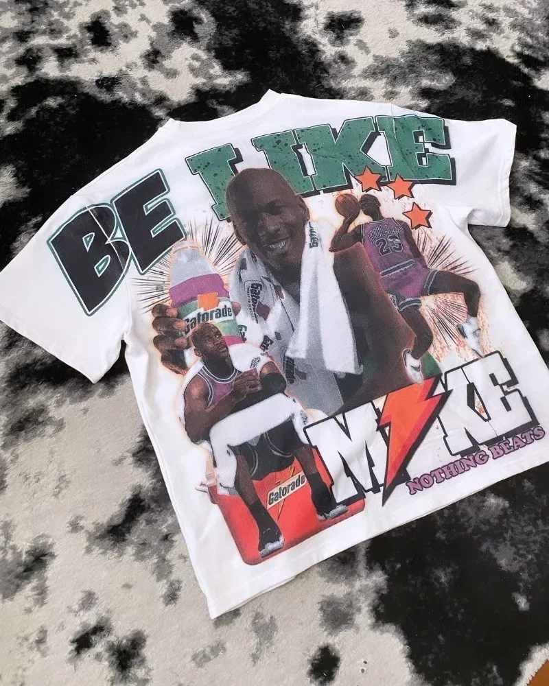 

Retro Loose Letter Portrait Printed T-shirt for Men Y2k Fashion Harajuku Large Round Neck Short Sleeved Women Graphic T Shirts