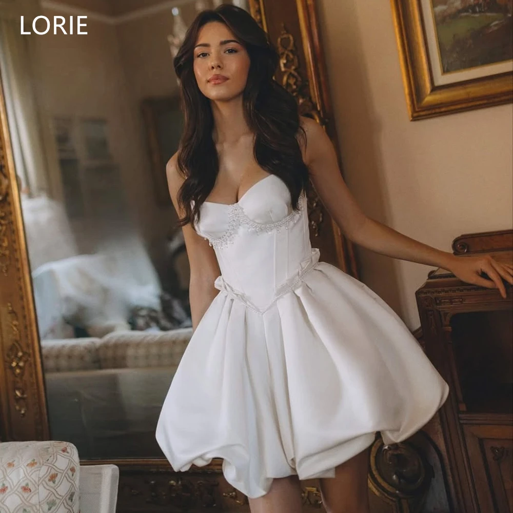 

LORIE Exquisite Mini Satin Wedding Dresses Spaghetti Straps Pearls Bride Prom Gown Draped A-Line Fairy Bridal Gowns Customized