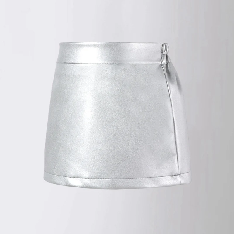 Trendy Girls Skirt Shiny Silver Color Mini Skirts with Inner Safety Pant Kids Teen Girls Dancing Performance Skirt Birthday Wear