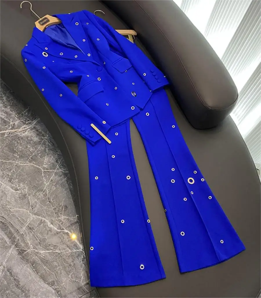 Fine Workmanship Lady Solid Stylish Metal Holes Office Wear Single Button Blazer Flared Pants  2 Pieces Sets Women